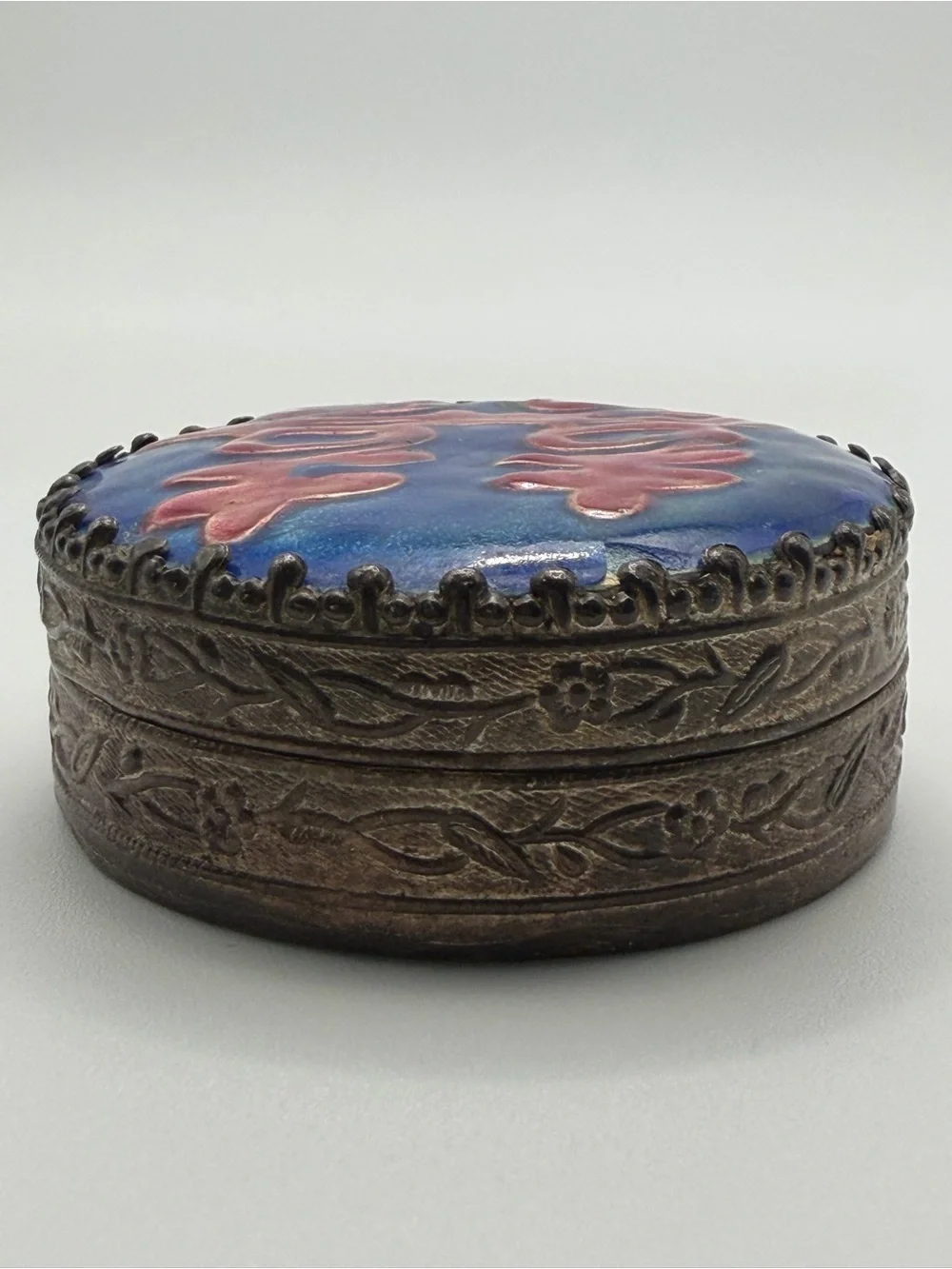 Vintage Chinese Double Happiness 囍 Enamel Trinket Box Blue Pink Silver Tone
